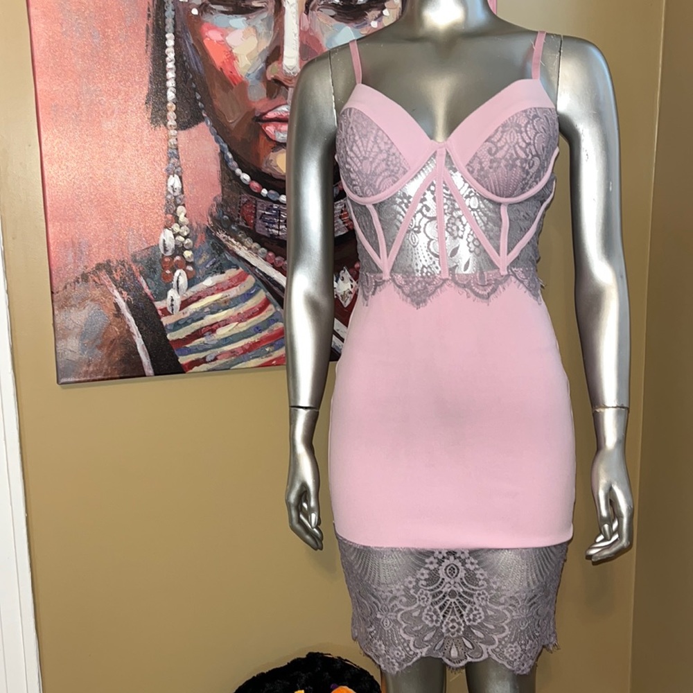 MadRag hand dyed lace bustier body con pink purple dress medium sheer cupped bra